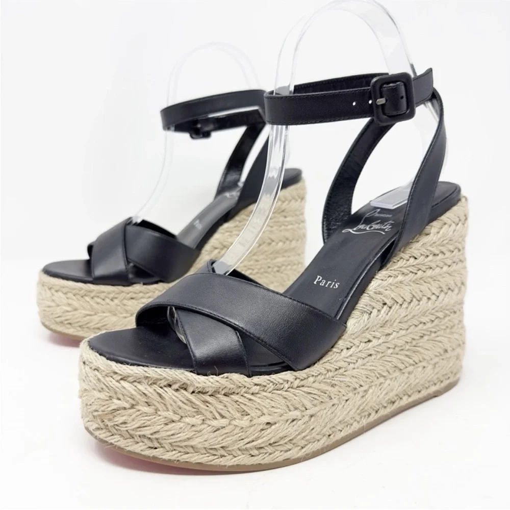 Christian Louboutin Mariza Zeppa 130 Black Espadrille Wedge Sandal EU 37